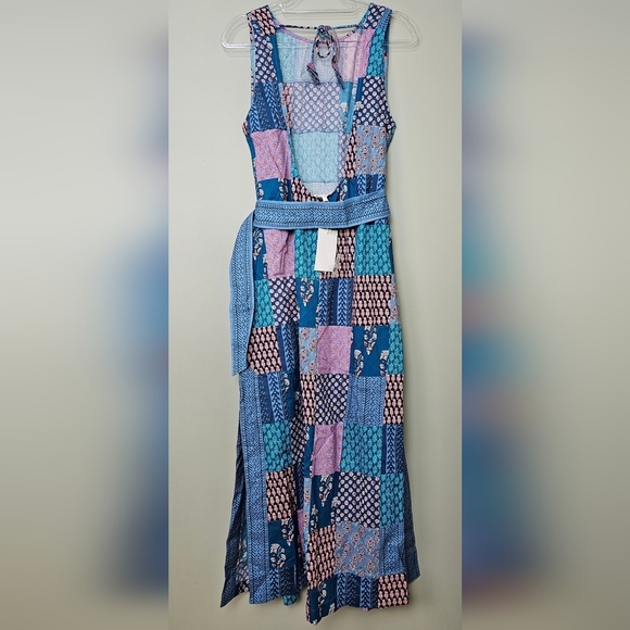 BOTEH Cedella Low-Back 100% Cotton Midi Dress, Patchwork Aquamarine Motif, Sz 4 - Picture 12 of 16